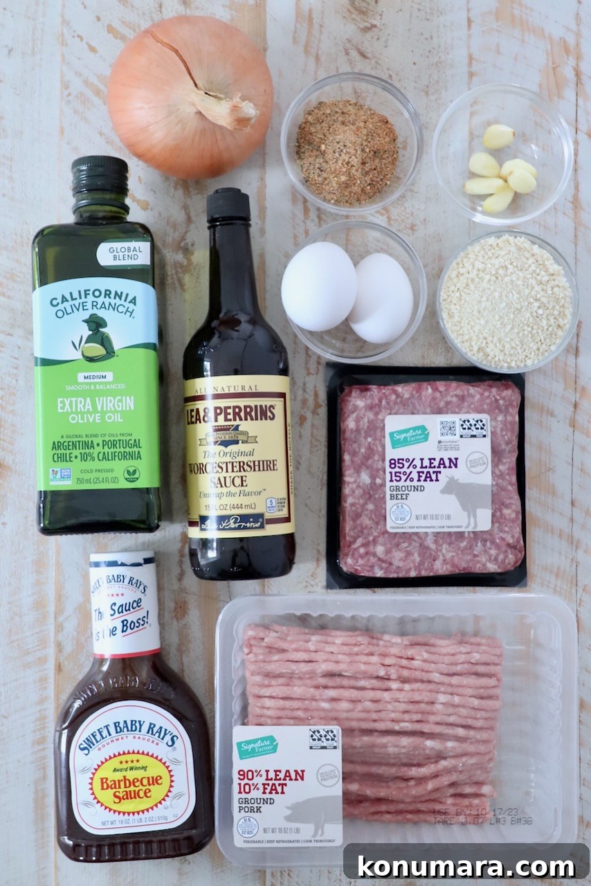 How to Smoke Meatloaf for Tender, Flavorful Results 3 ingredients for smoked meatloaf on white wood board