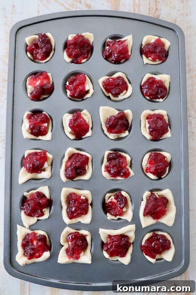 Cranberry Brie Bites Recipe with Puff Pastry 7 crescent roll dough pressed into a mini muffin tin, topped with pieces of brie cheese and cranberry sauce