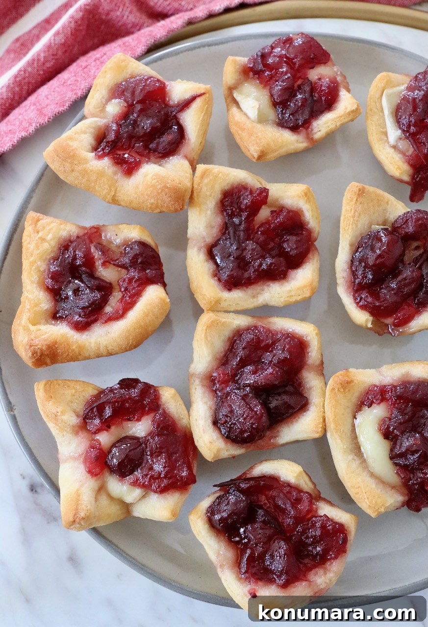 Cranberry Brie Bites Recipe with Puff Pastry 8 baked brie bites, topped with cranberry sauce on plate