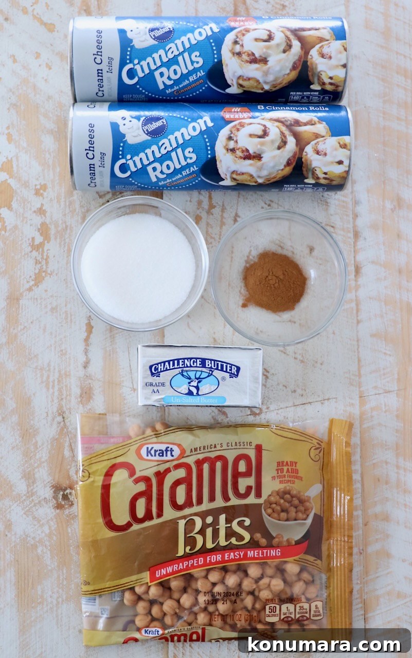 ingredients for pull apart cinnamon rolls on white wood board