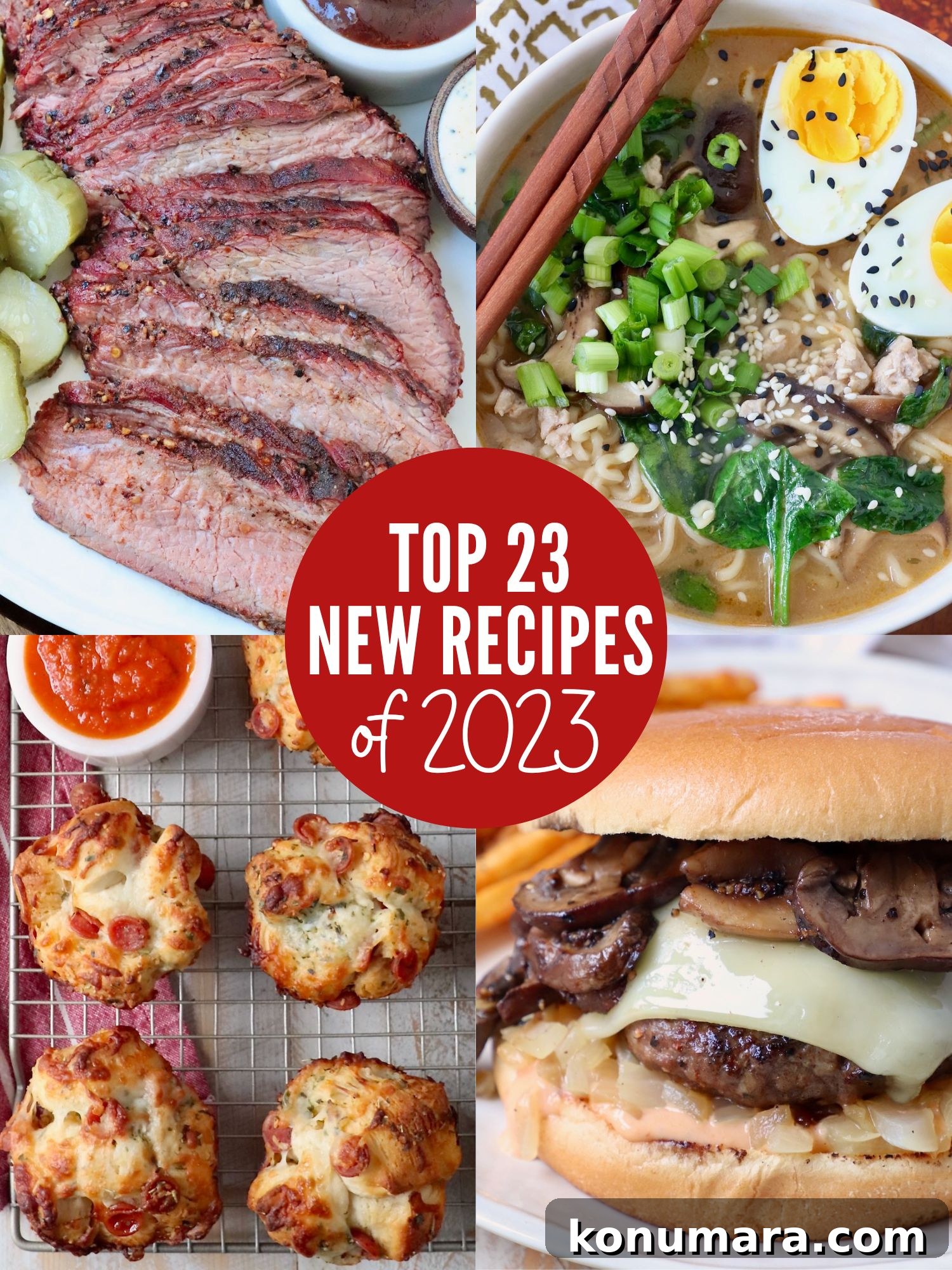 collage of images showing a sliced tri tip, ramen soup, pizza rolls and a burger
