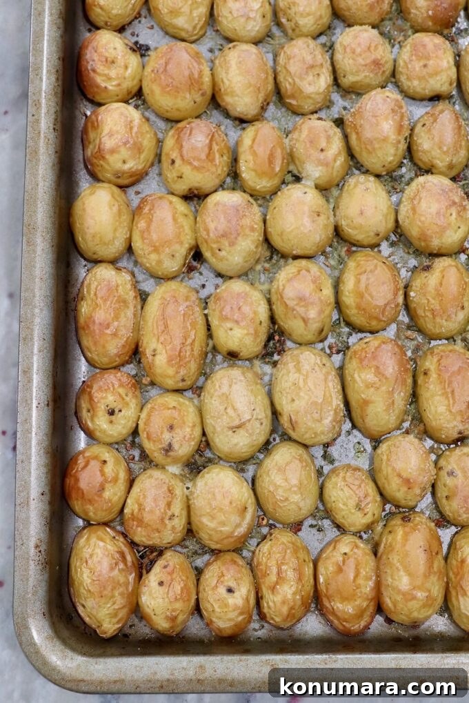 roasted baby potatoes on baking sheet