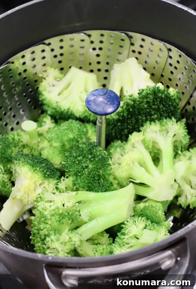 steamed broccoli in steamer basket in pot
