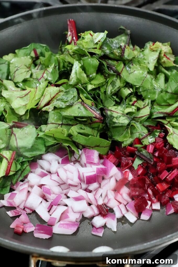 What to Do With Beet Greens: Recipes and Storage Tips 11 beet greens, diced beet stems and diced onions in a skillet