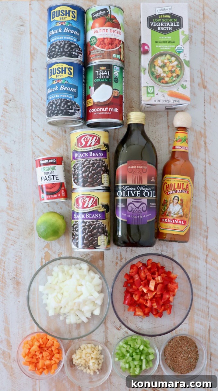 Smoky Southwest Black Bean Soup Recipe 3 ingredients for black bean soup on white wood board
