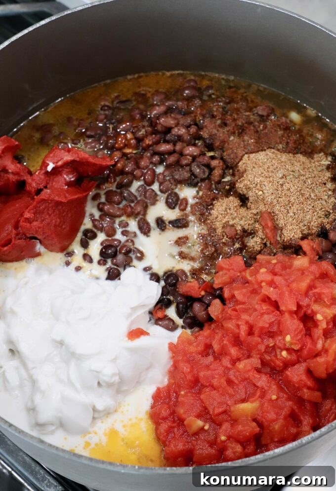 Smoky Southwest Black Bean Soup Recipe 6 black beans in pot on the stove with coconut milk, diced tomatoes, tomato paste and spices