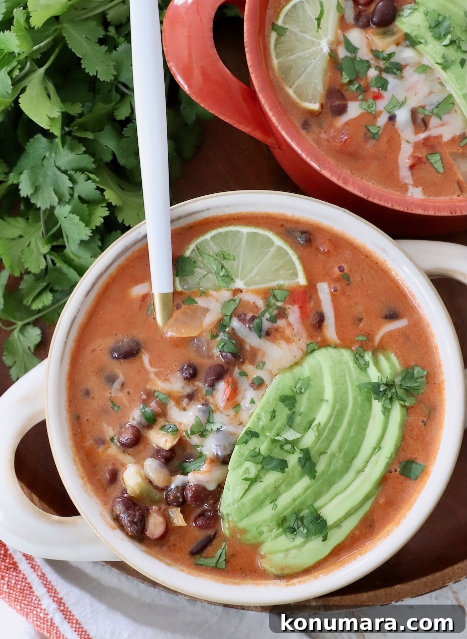 Smoky Southwest Black Bean Soup Recipe 8 black bean soup in bowl with spoon, topped with sliced avocado
