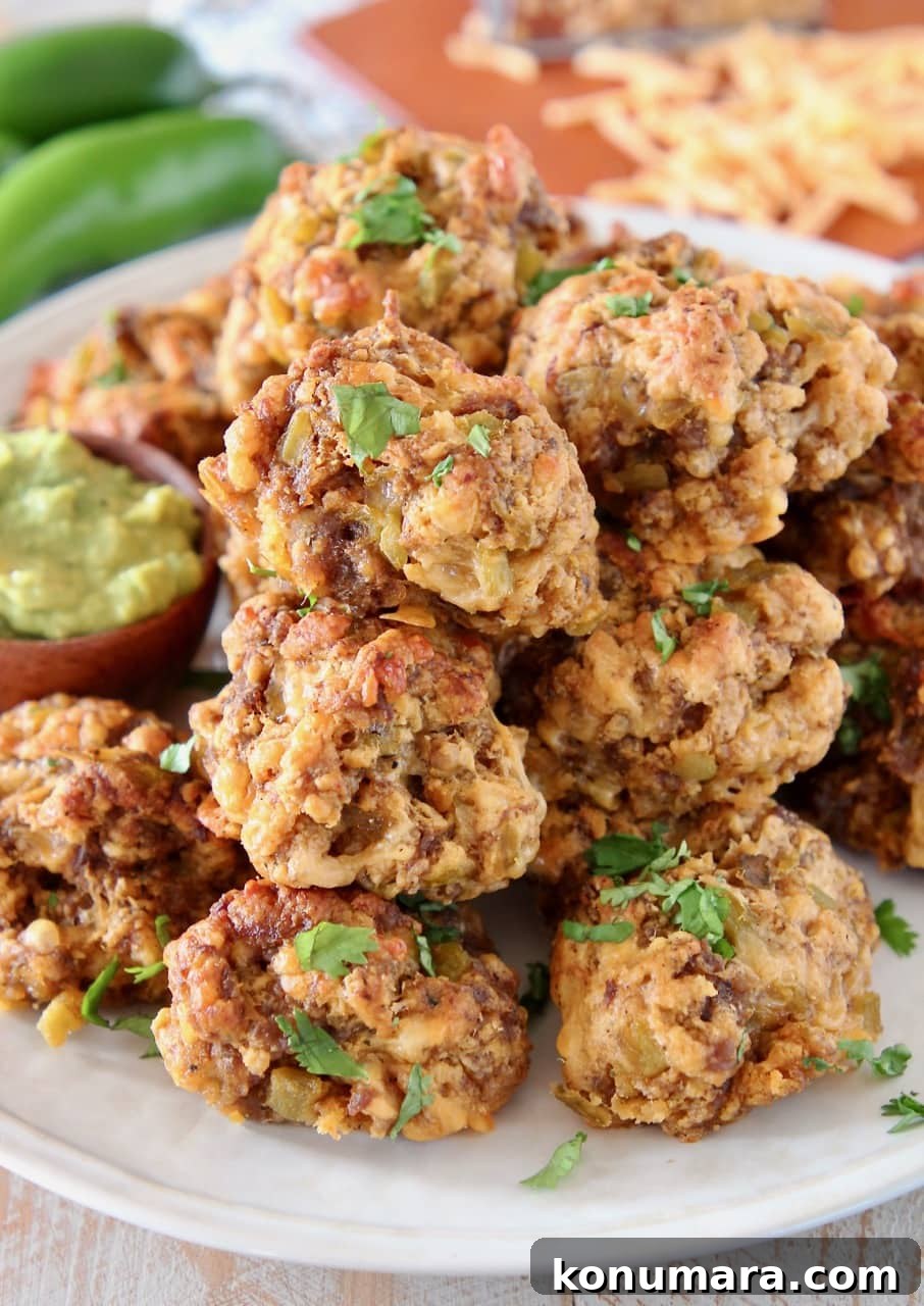 Cheesy Mexican Sausage Balls Recipe with Jalapeno 4 sausage balls on plate with creamy avocado sauce in small bowl