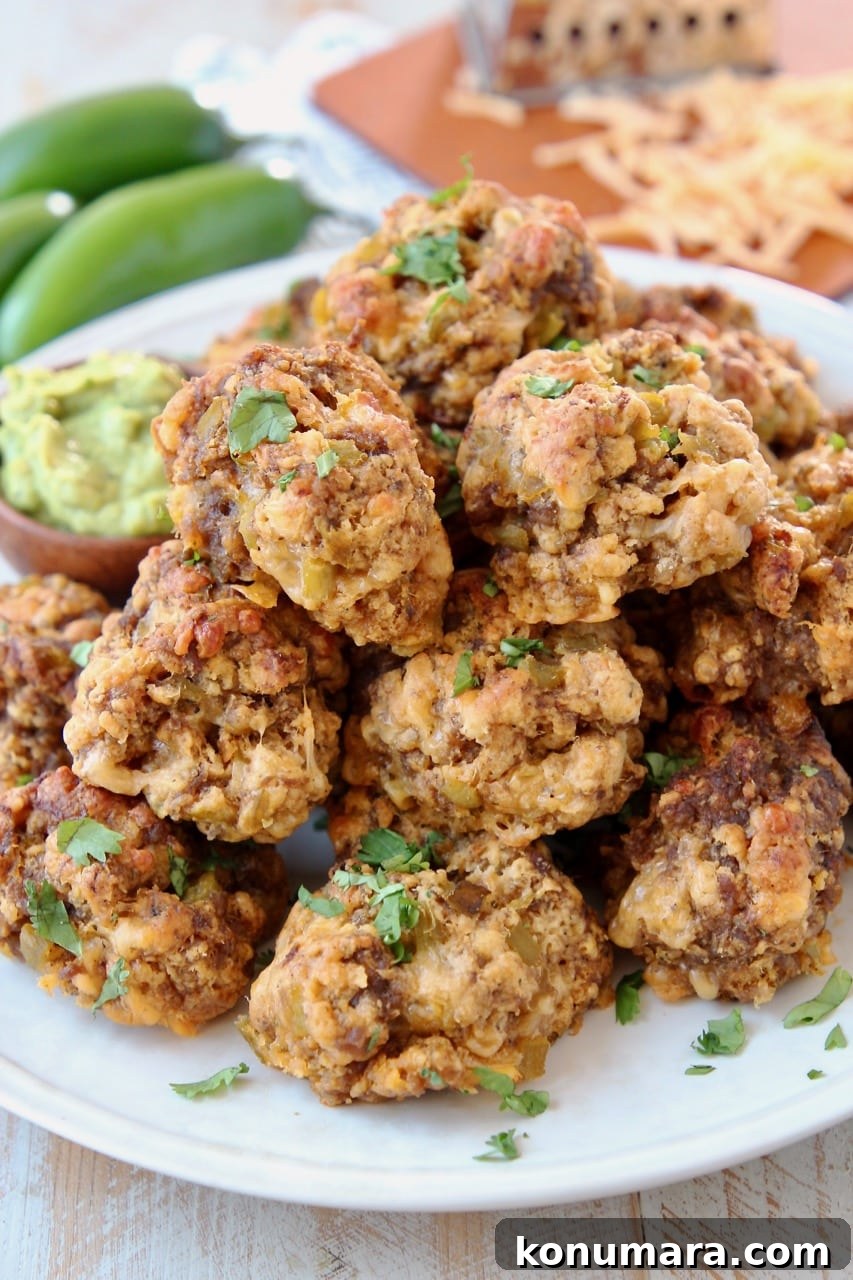Cheesy Mexican Sausage Balls Recipe with Jalapeno 5 Mexican Chorizo Bisquick Sausage Balls on plate with creamy avocado sauce in small bowl, jalapenos and shredded cheddar cheese