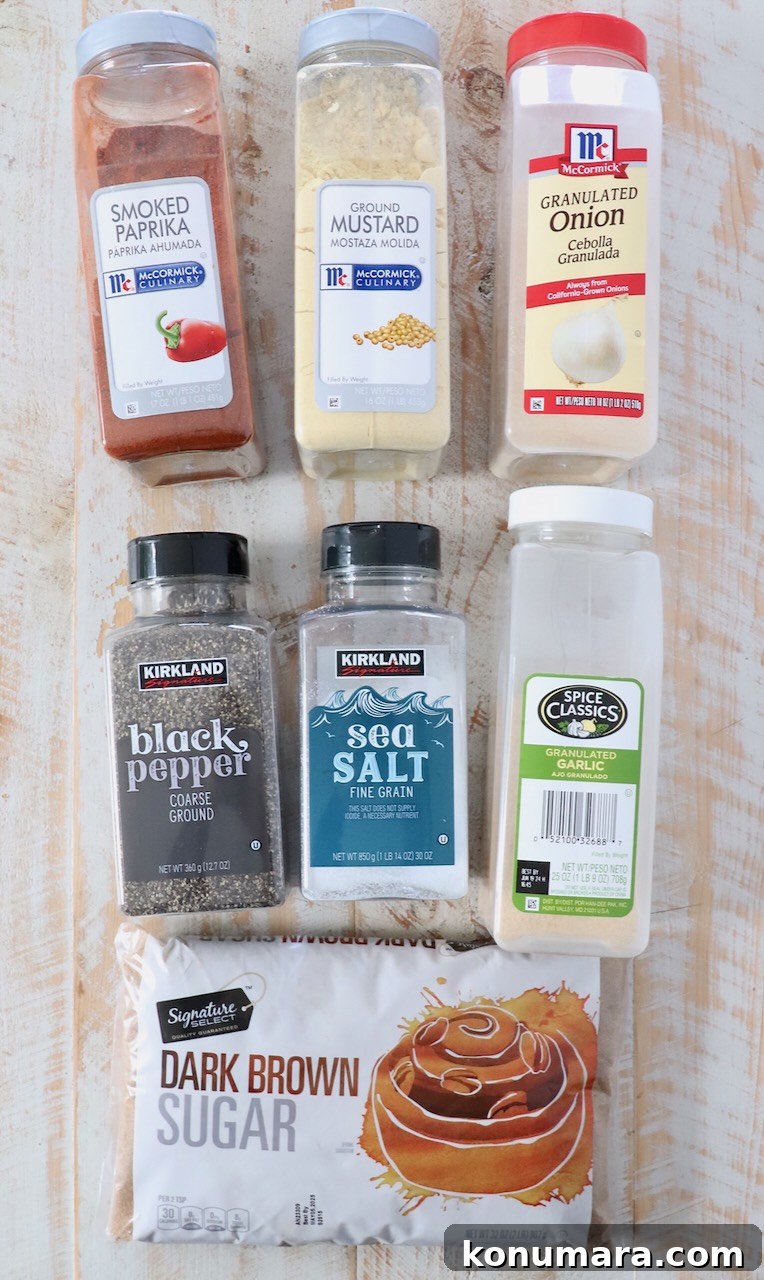 Dry Rub for Ribs: Smoky BBQ Spice Blend 3 ingredients for rib dry rub on white wood board