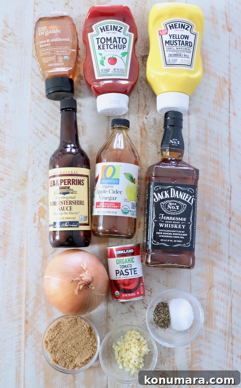 Jack Daniel's BBQ Sauce Recipe: Smoky and Tangy 3 ingredients for Jack Daniels bbq sauce on white wood board