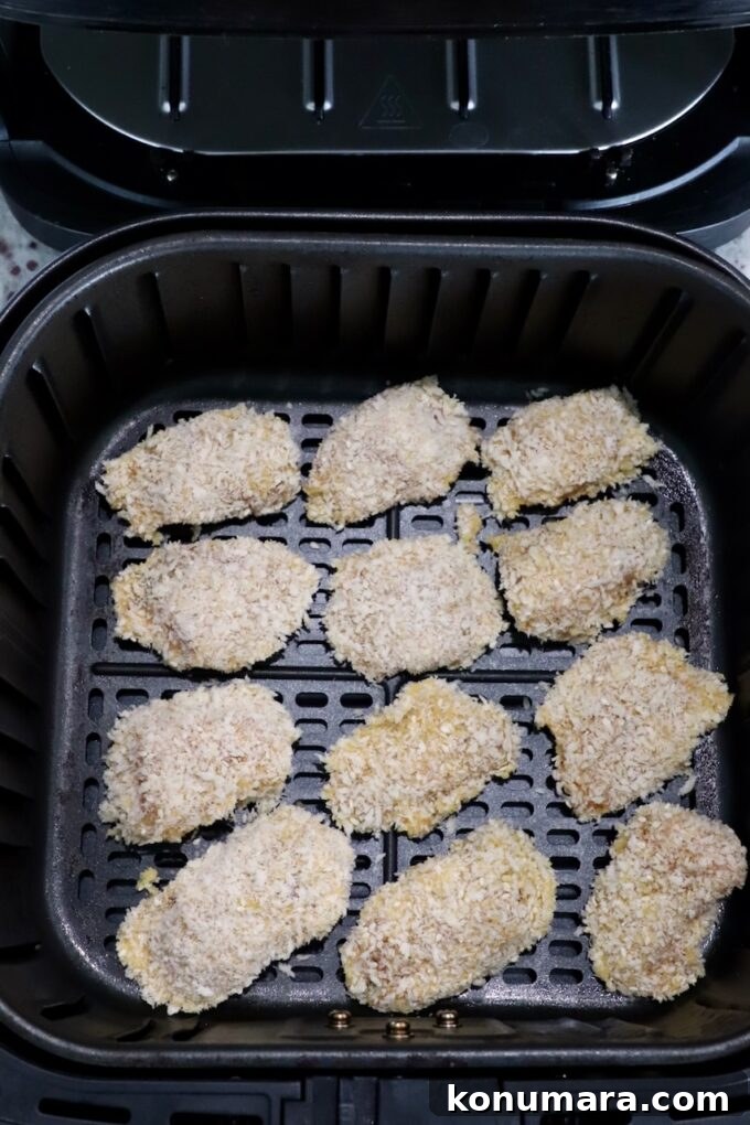 Jack Daniel's BBQ Chicken Strips Recipe 10 uncooked breaded chicken strips in an air fryer basket