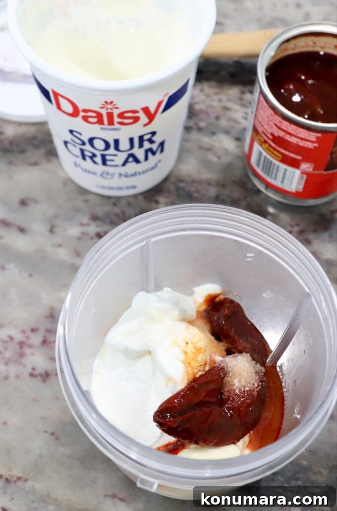 How to Make Smoky Chipotle Sauce for Tacos, Burgers and Dips 4 chipotle peppers in blender cup with sour cream