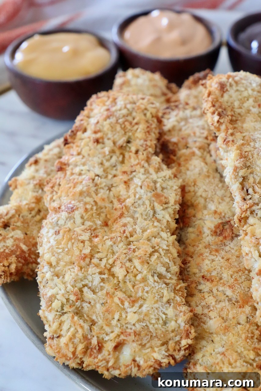 Crispy Air Fryer Chicken Tenders Recipe 13 cooked, breaded chicken strips on plate