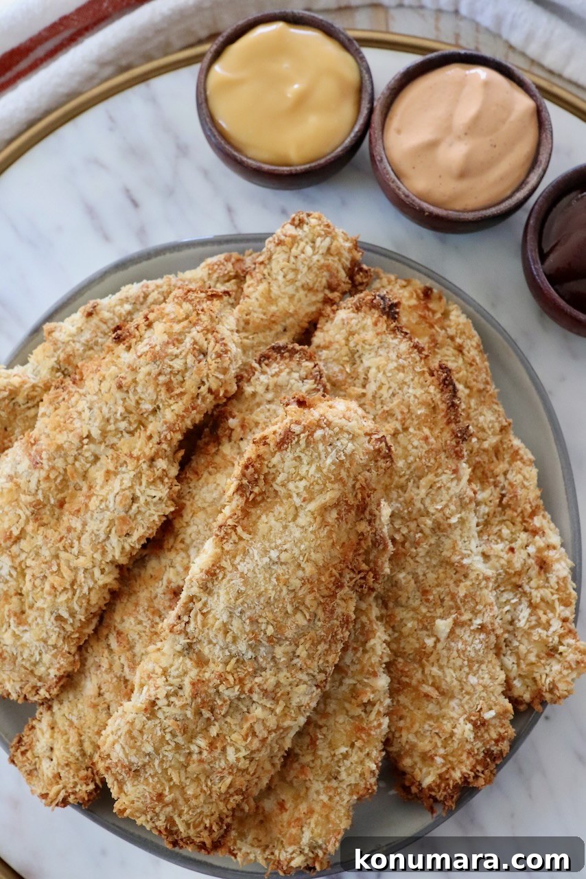 Crispy Air Fryer Chicken Tenders Recipe 14 crispy chicken tenders stacked up on plate with small bowls of sauces on the side