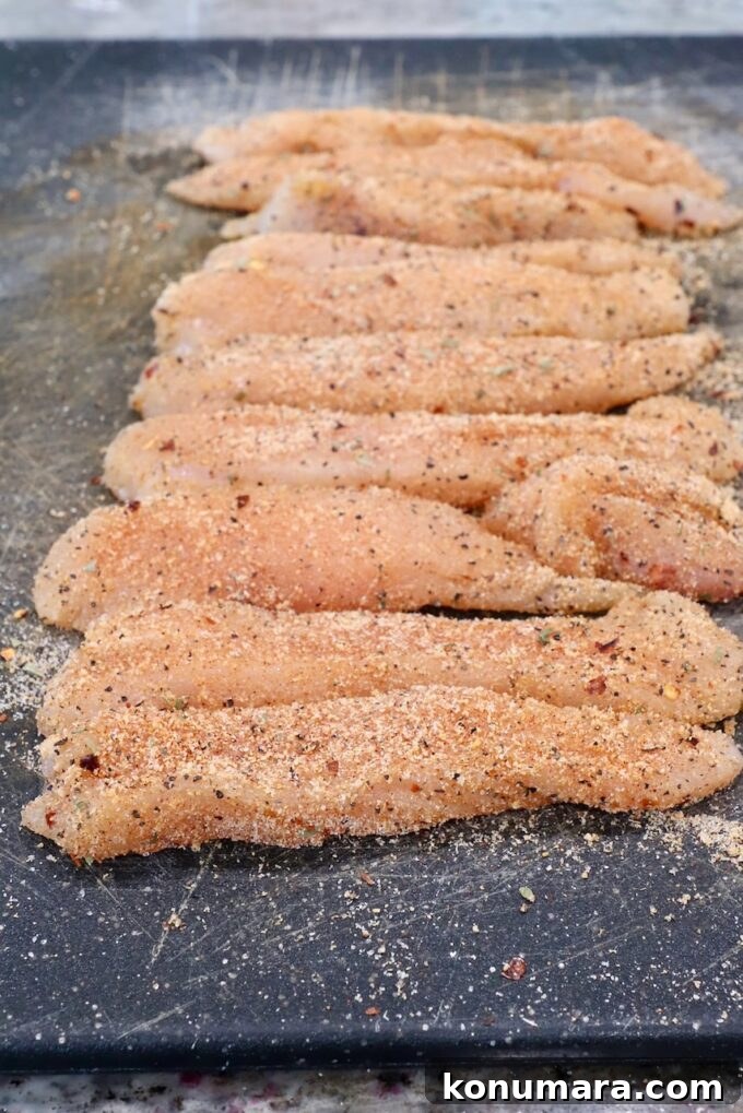 Crispy Air Fryer Chicken Tenders Recipe 5 strips of chicken breast meat tossed with seasoning on a cutting board