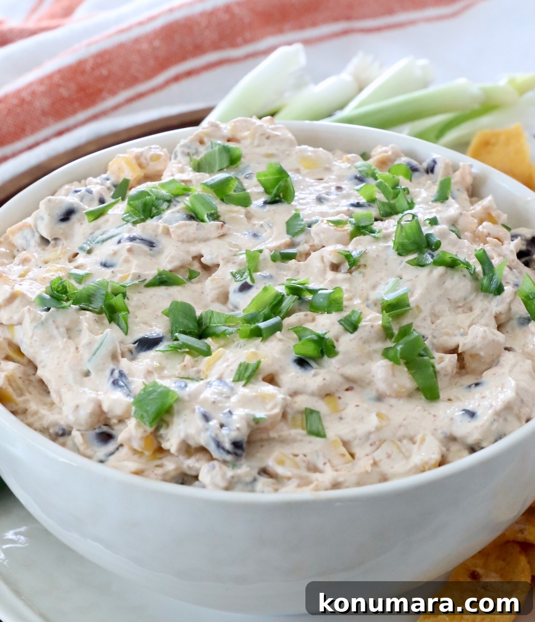 southwest dip in bowl topped with diced green onions