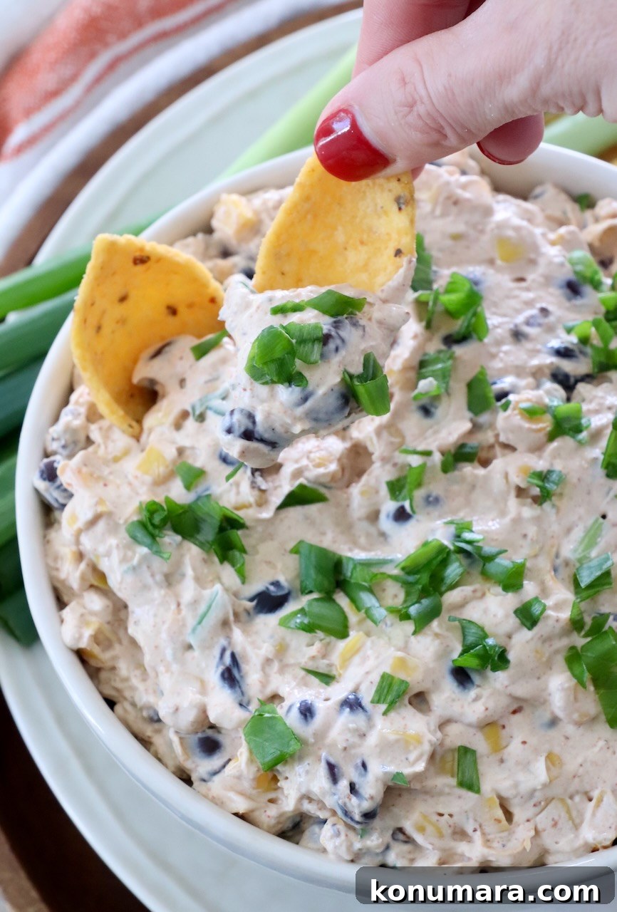 hand dipping corn chip into southwest dip in a bowl