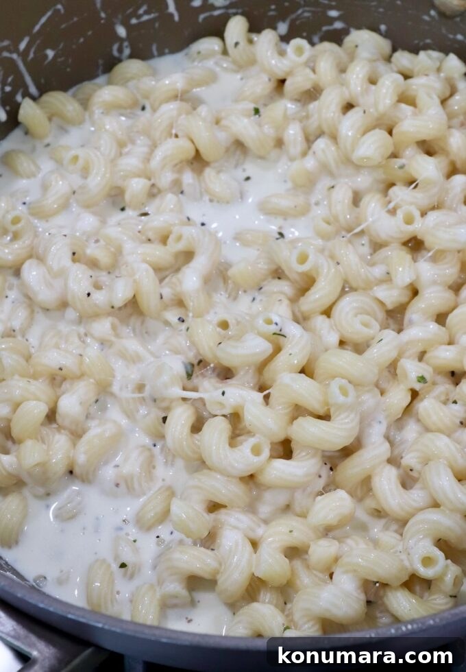 creamy cheese sauce and cooked cavatappi noodles in saucepan