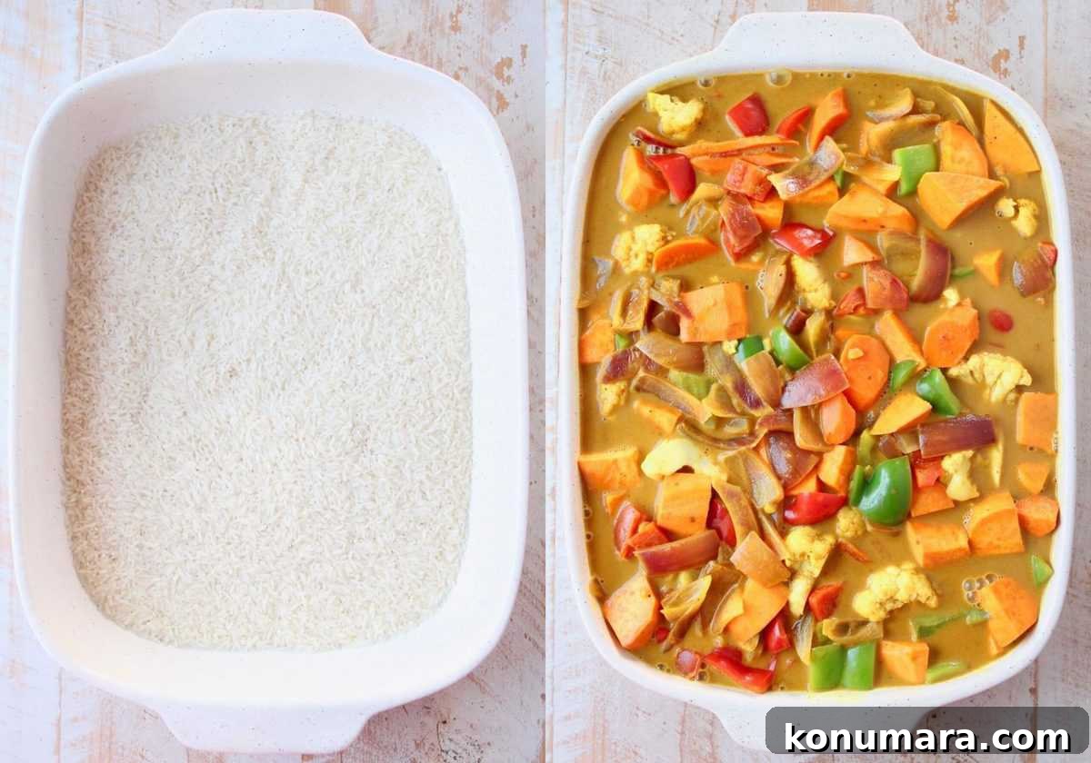 collage of images showing how to make rice and vegetable curry casserole