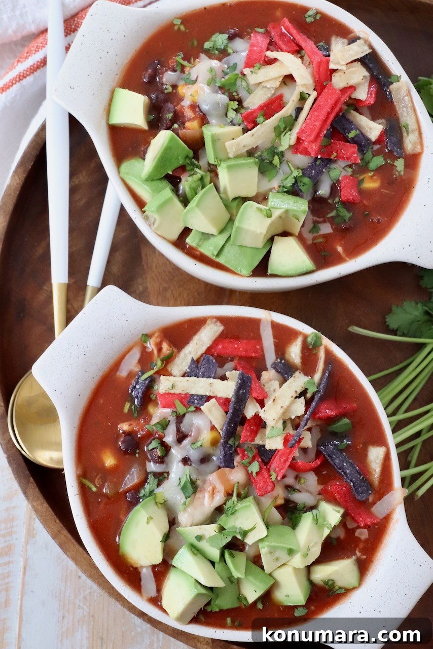 Southwest Chicken Soup Recipe with Corn and Black Beans 4 southwest chicken soup in two bowls topped with tortilla strips and diced avocado