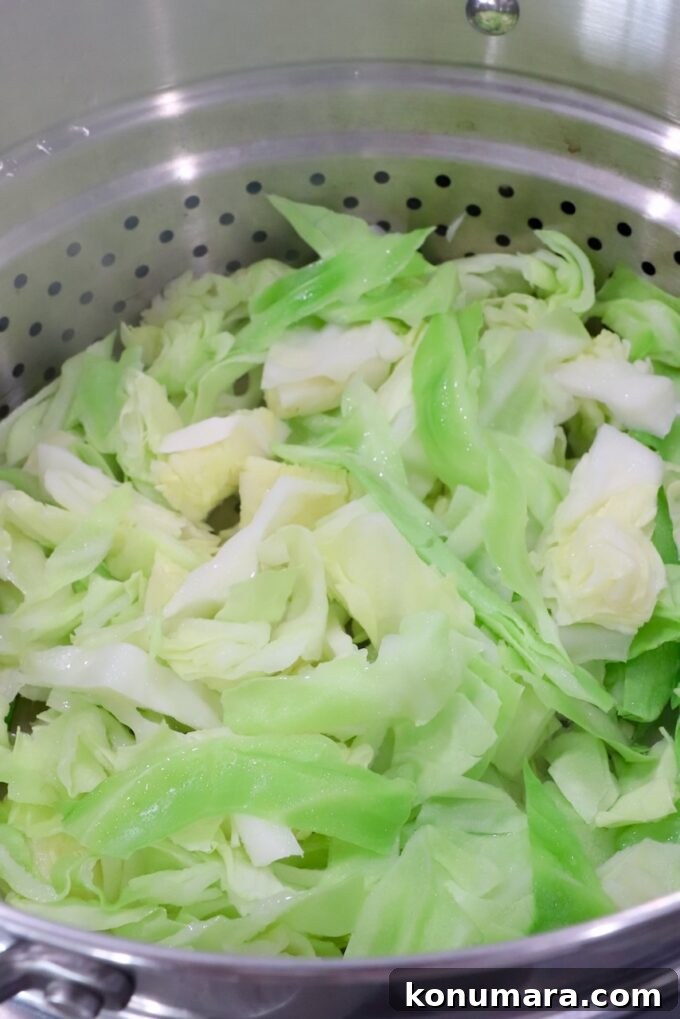 How to Make Tender Steamed Cabbage 4 shredded cabbage in steamer basket in pot