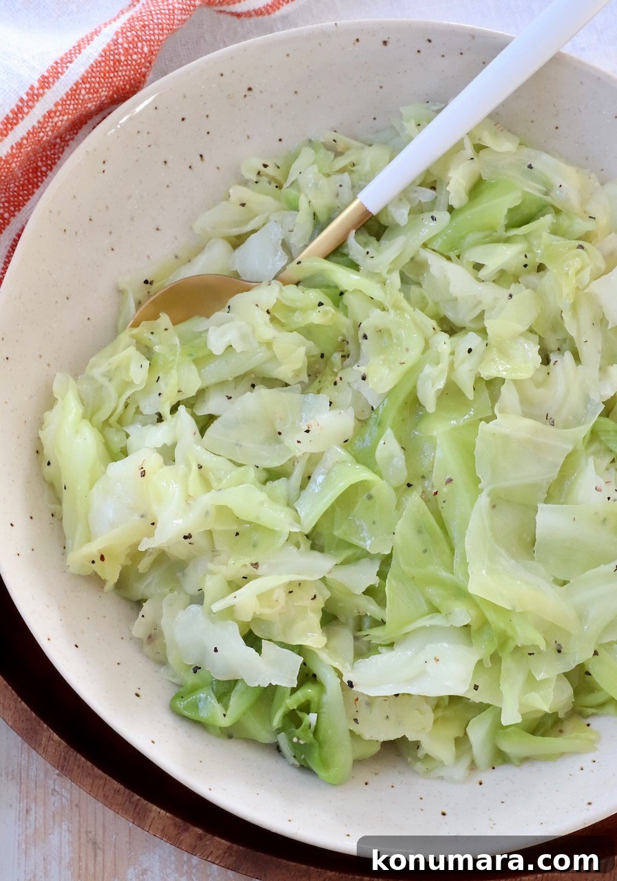 How to Make Tender Steamed Cabbage 6 shredded steamed cabbage in bowl with spoon