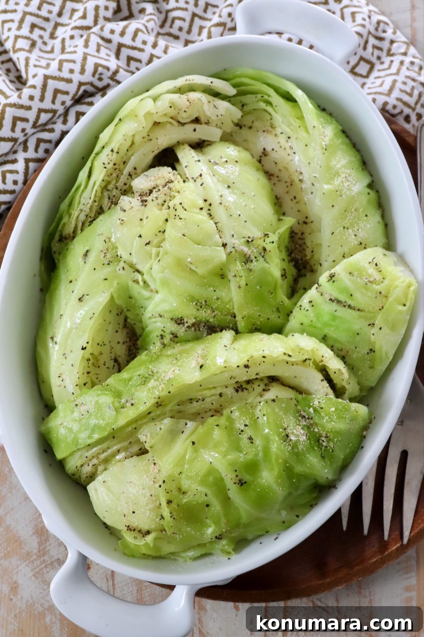 How to Make Tender Steamed Cabbage 8 steamed cabbage wedges in serving dish