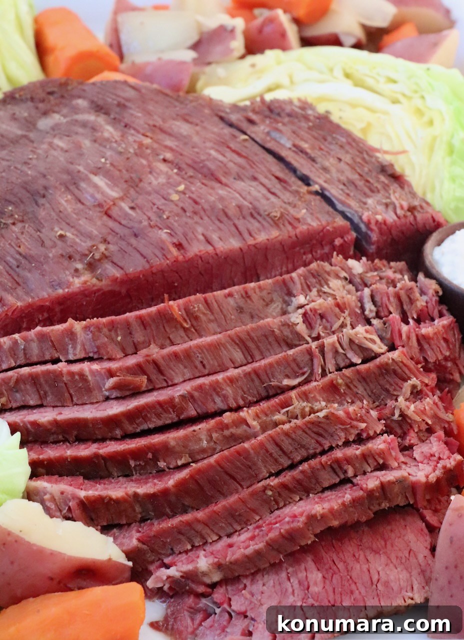 sliced corned beef on platter with cabbage and carrots