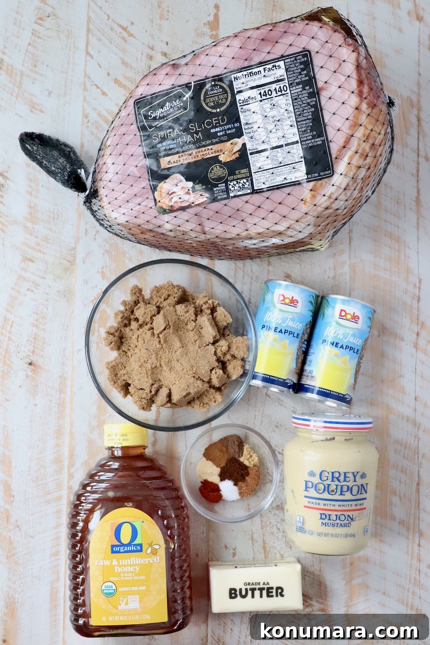 Honey-Baked Ham Recipe with Brown Sugar Glaze 3 ingredients for honey baked ham on white wood board