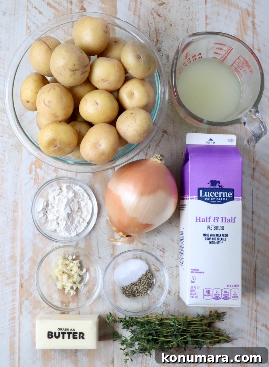 Creamy Garlic and Cheese Scalloped Potatoes Recipe 3 ingredients for scalloped potatoes on white wood board