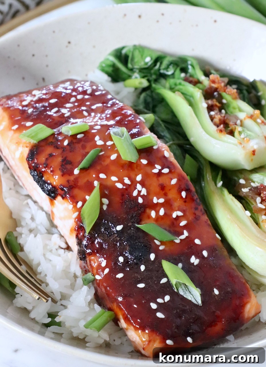 miso glazed salmon filet in bowl with white rice and bok choy