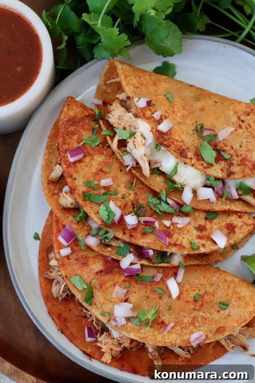 Chicken Birria Tacos with Savory Broth 2 chicken birria tacos on plate with sauce in small bowl on the side