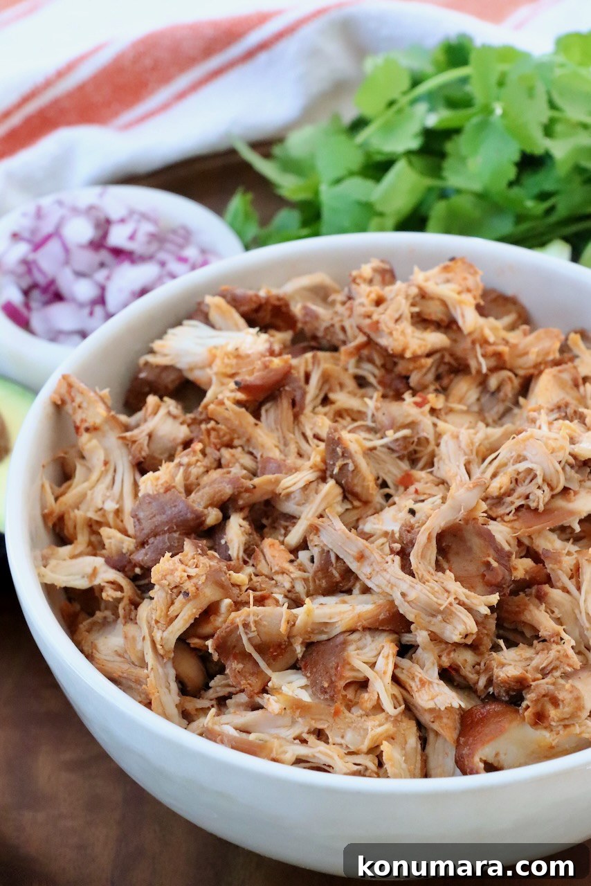 Chicken Birria Tacos with Savory Broth 9 shredded, cooked chicken in bowl