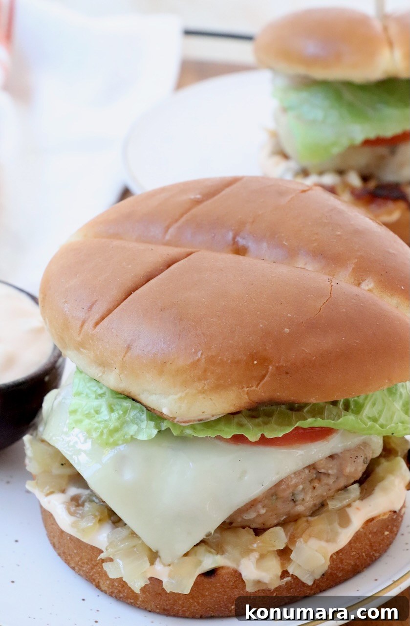 Juicy Turkey Burger Recipe with Savory Seasoning 8 cooked turkey burger with swiss cheese on plate
