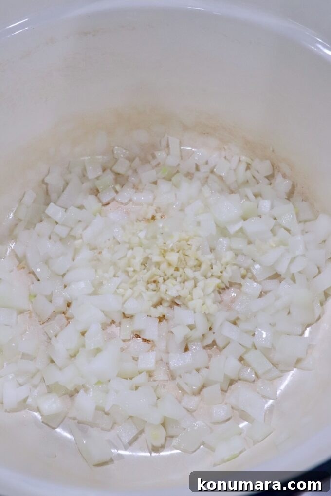 diced onions and minced garlic in large pot