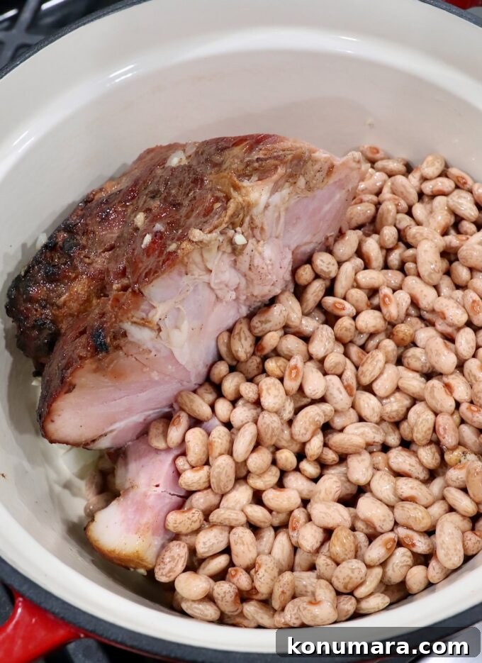 ham leg and dried pinto beans in large pot