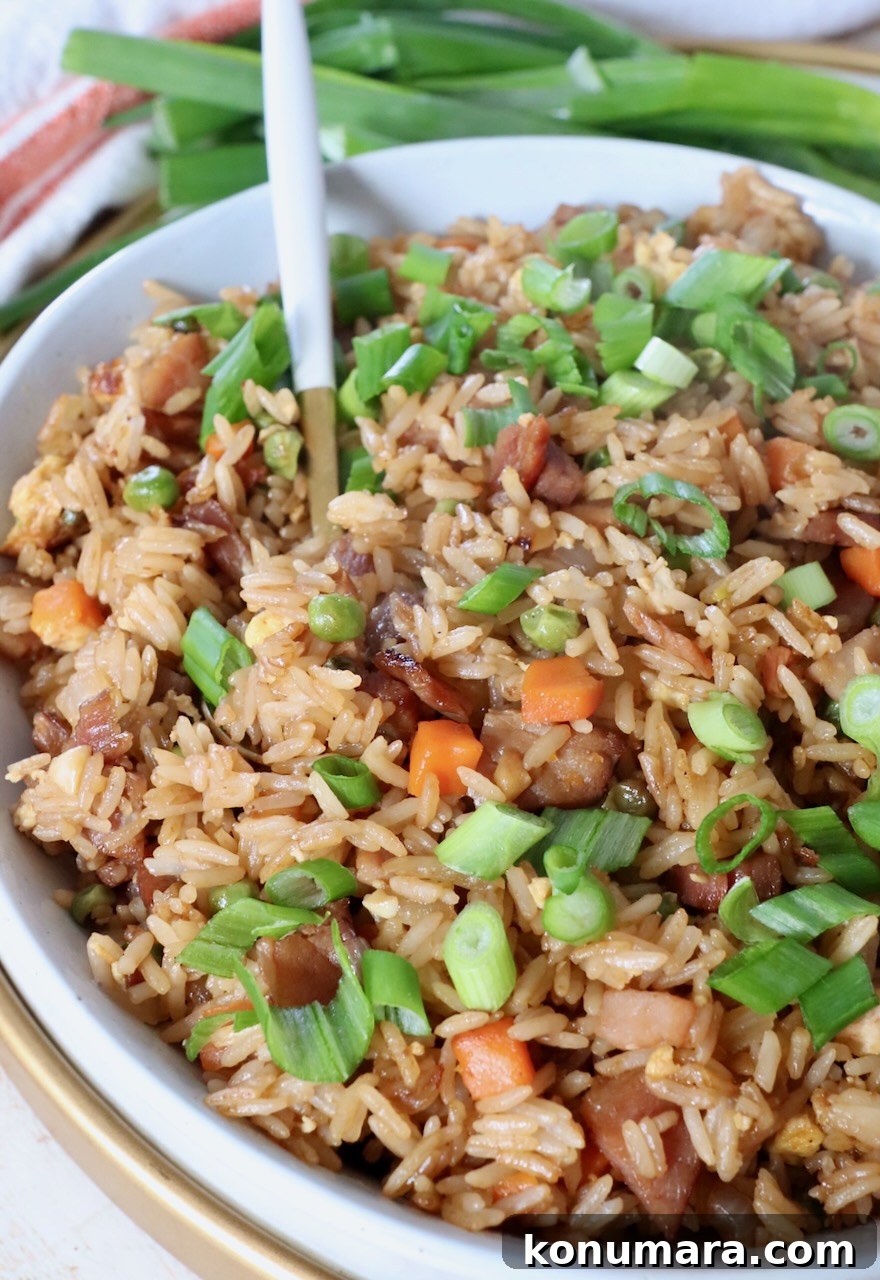 Classic Ham Fried Rice Recipe with Eggs and Peas 2 ham fried rice in bowl with spoon