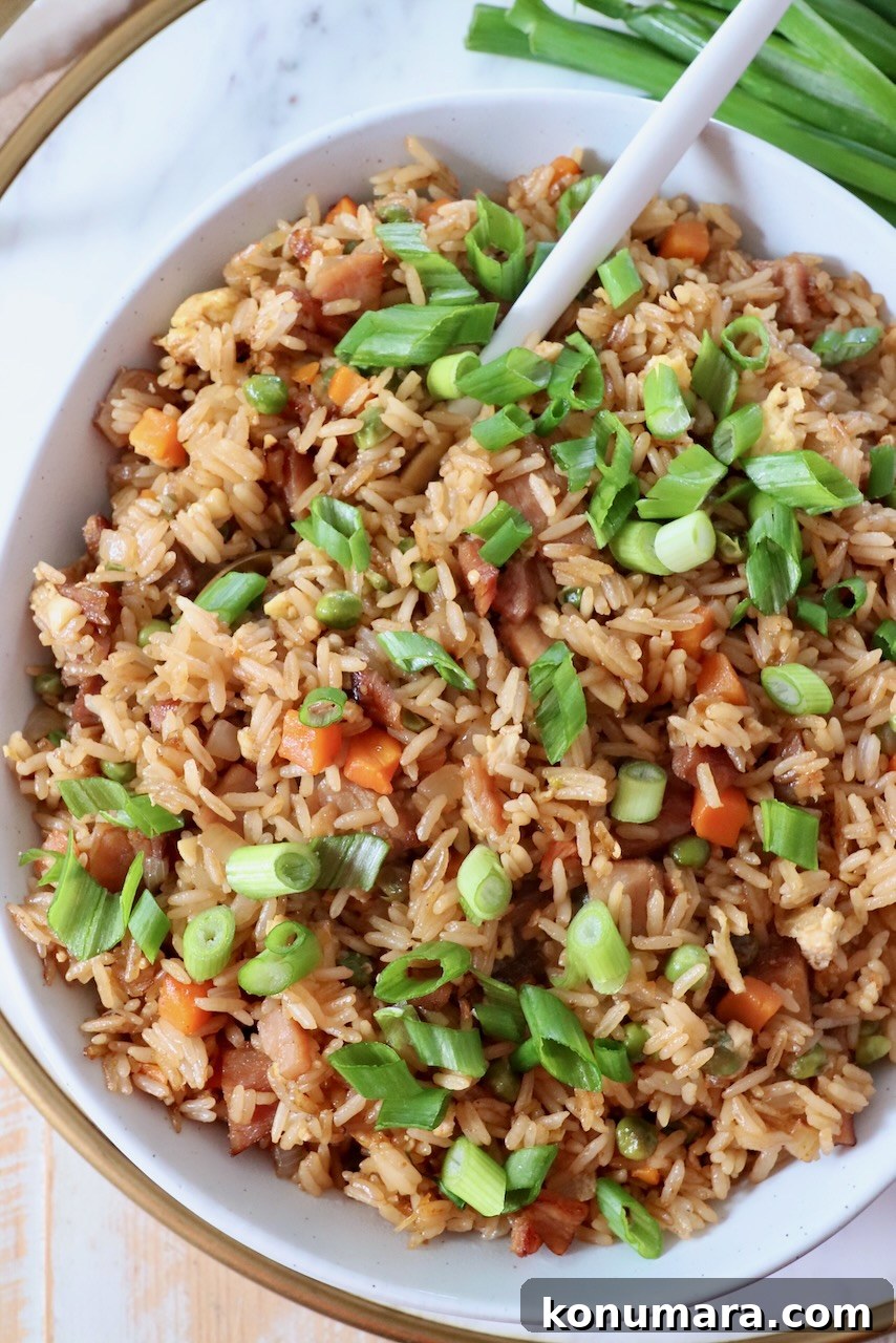 Classic Ham Fried Rice Recipe with Eggs and Peas 8 ham fried rice in bowl topped with diced green onions