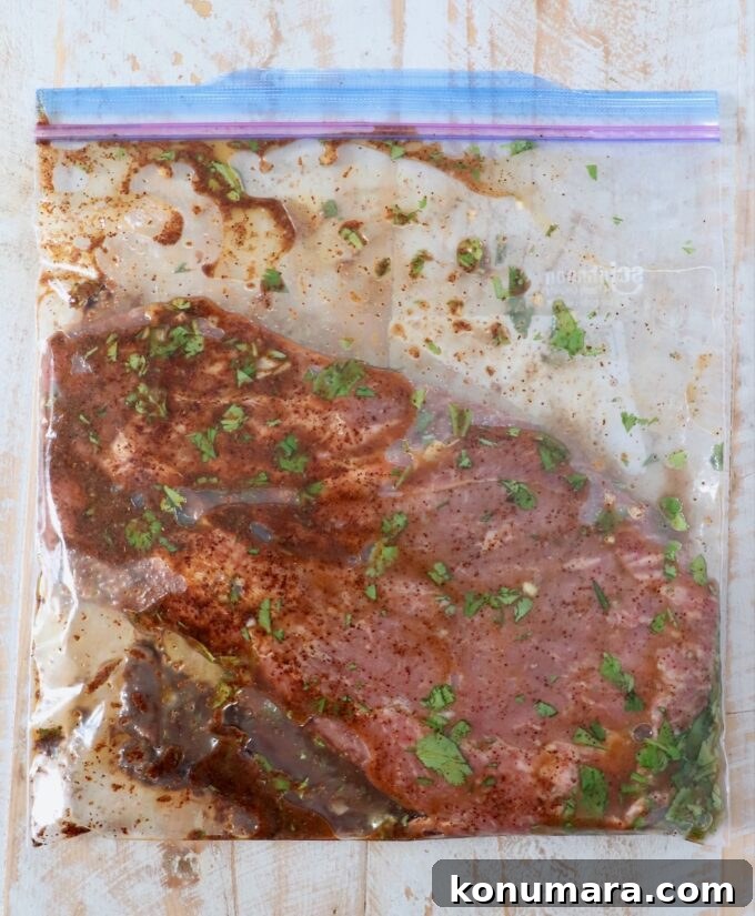 Grilled Flat Iron Steak Tacos with Cilantro Lime Slaw 4 steak in marinade in zipper bag