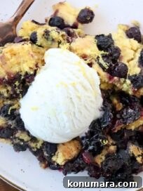 blueberry dump cake on plate with fork and scoop of ice cream on top