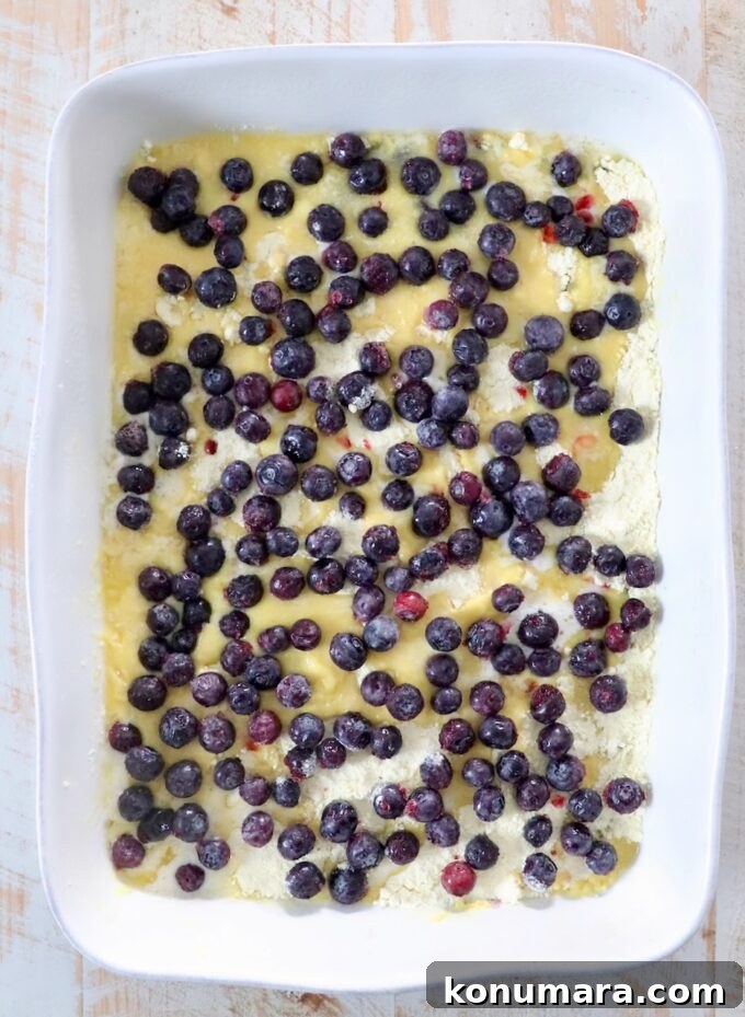 Blueberry Dump Cake Recipe: Irresistible Summer Dessert 6 uncooked blueberry dump cake in baking dish