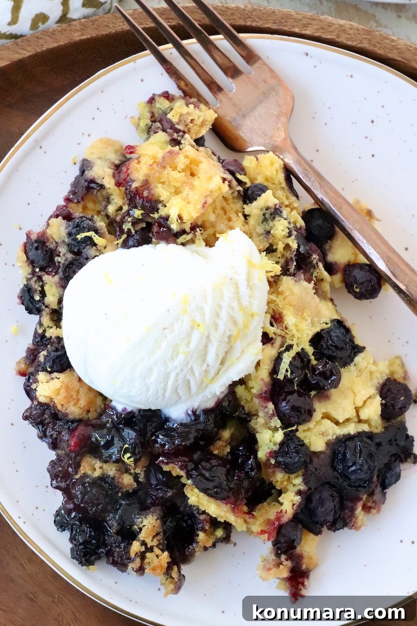 Blueberry Dump Cake Recipe: Irresistible Summer Dessert 8 blueberry dump cake on plate with fork and a scoop of vanilla ice cream