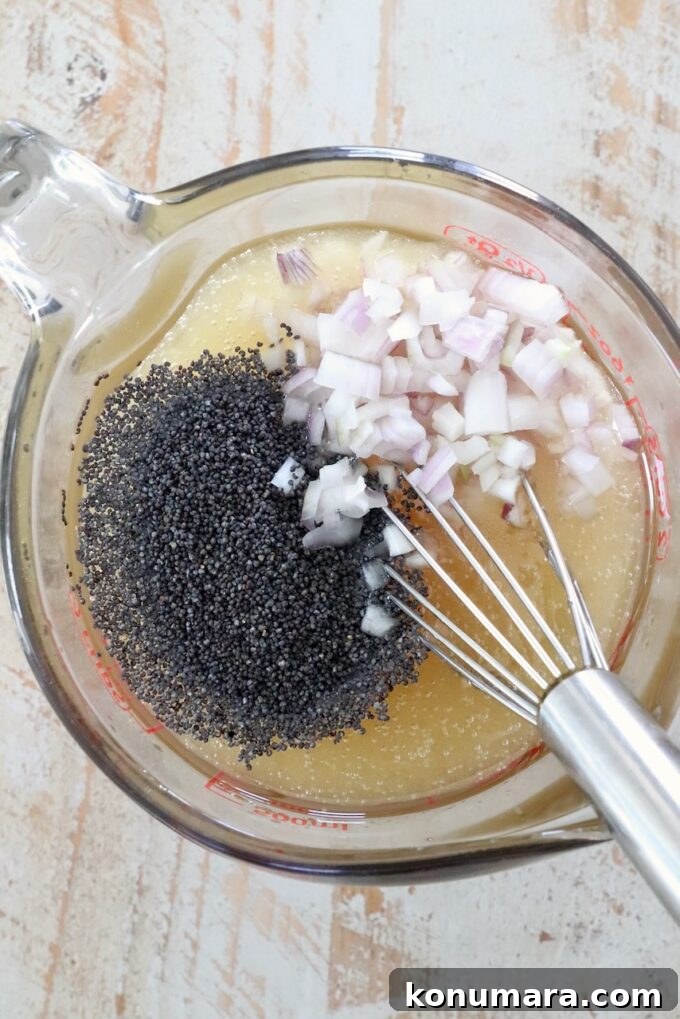 Homemade Creamy Poppy Seed Salad Dressing 4 poppyseeds and minced shallots in glass bowl of salad dressing with whisk