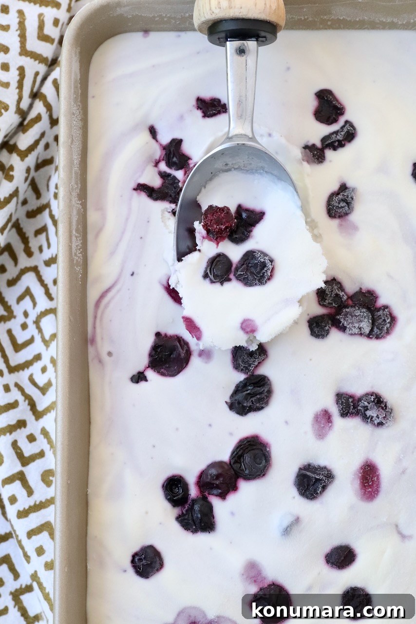 Creamy Homemade Blueberry Ice Cream Recipe 7 blueberry ice cream in metal container with an ice cream scoop