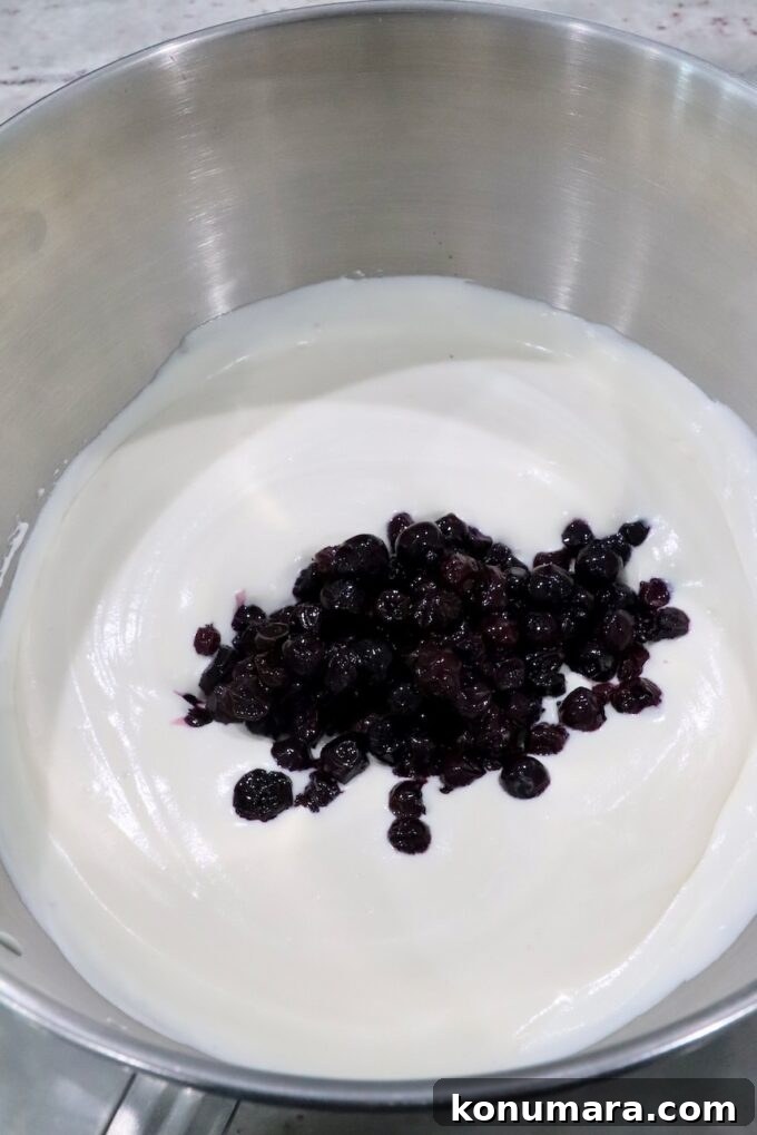 Creamy Homemade Blueberry Ice Cream Recipe 6 blueberry pie filling and ice cream base in a bowl