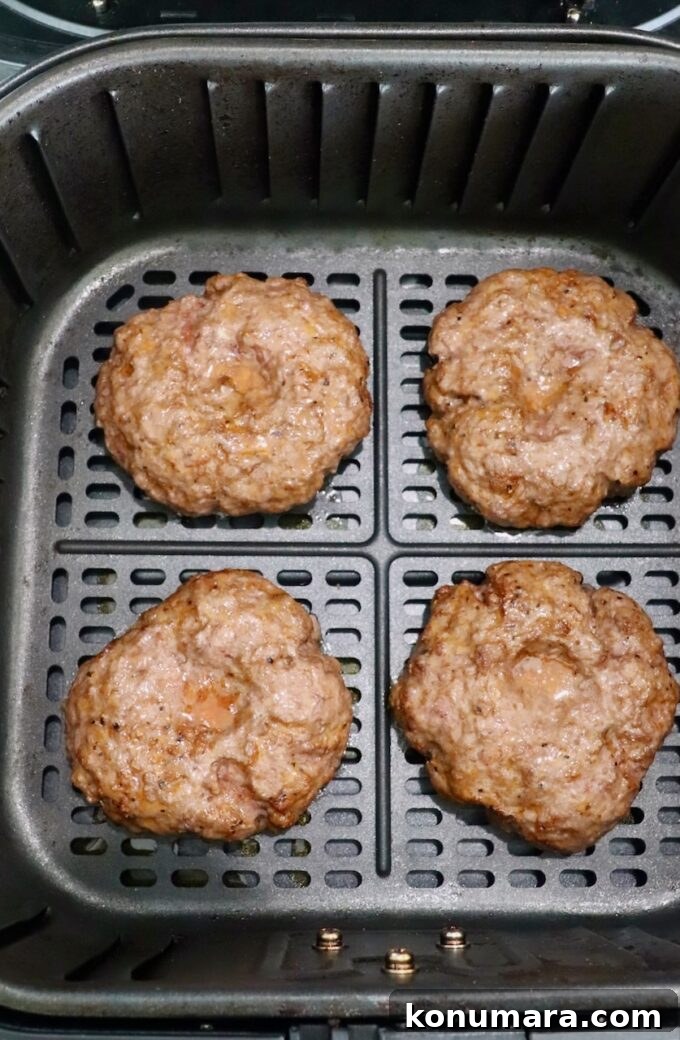 cooked burger patties in air fryer