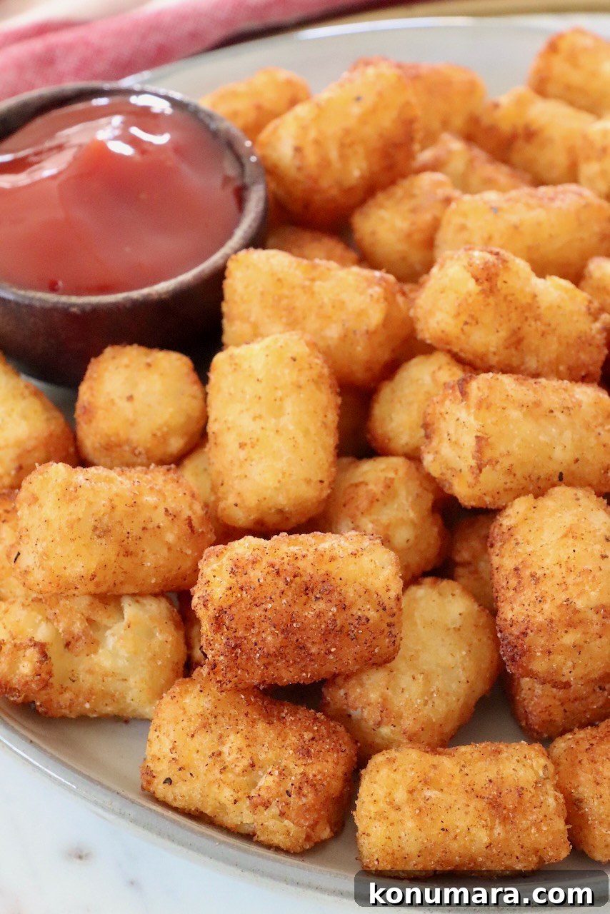 cooked tater tots on plate with small side dish of ketchup