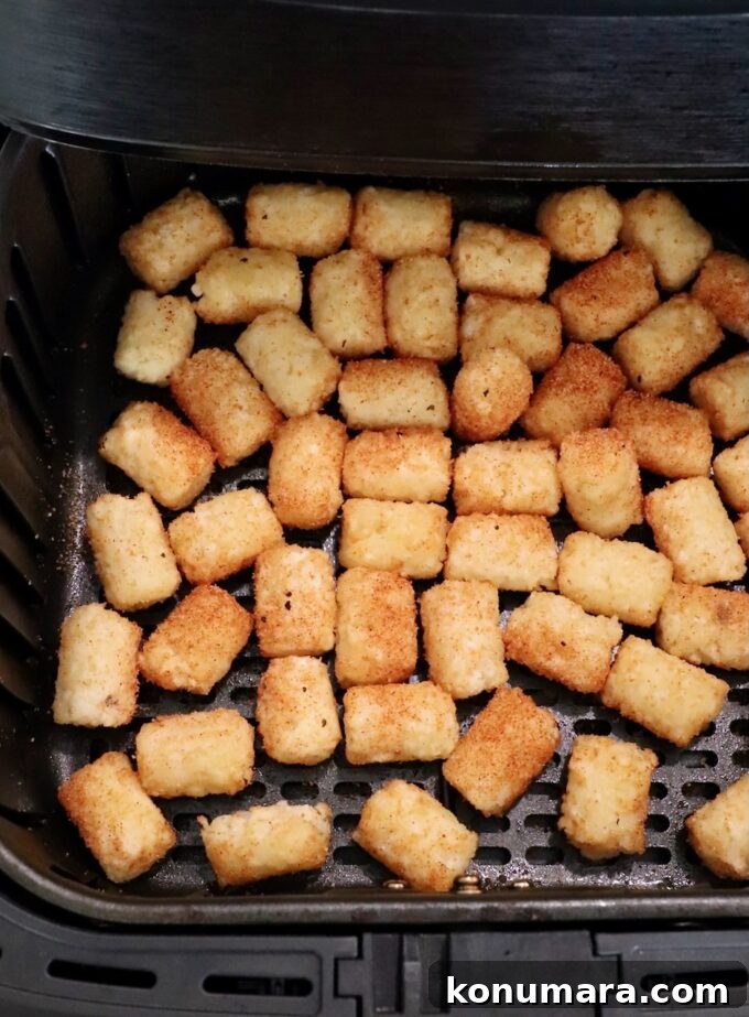 cooked seasoned tater tots in an air fryer basket