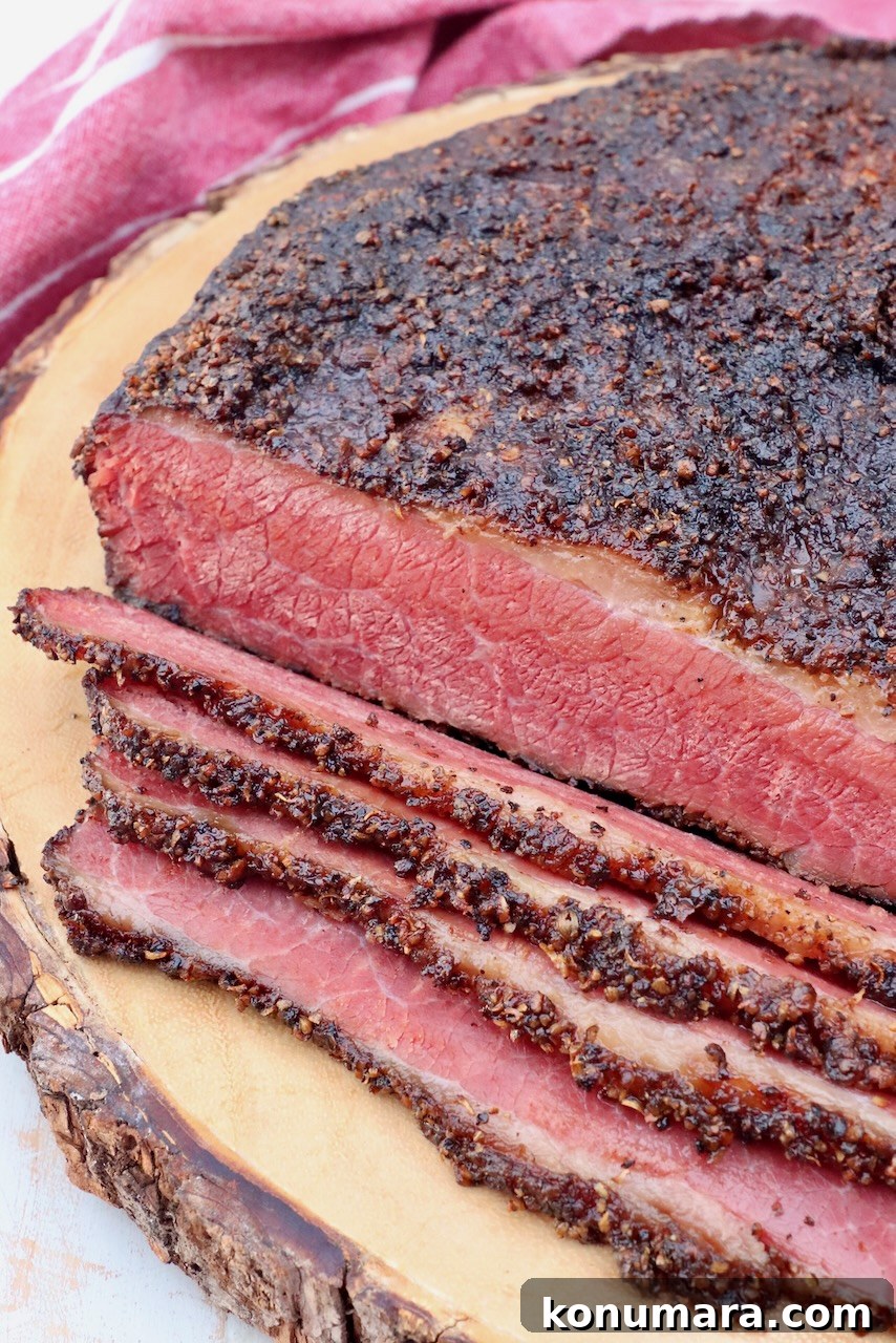 sliced pastrami brisket on wood cutting board